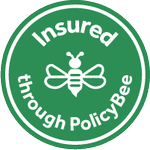 A badge from Policy Bee showing that Lumin and Lucian Chevallier are covered by their business insurance.