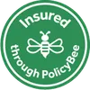 A badge from Policy Bee showing that Lumin and Lucian Chevallier are covered by their business insurance.