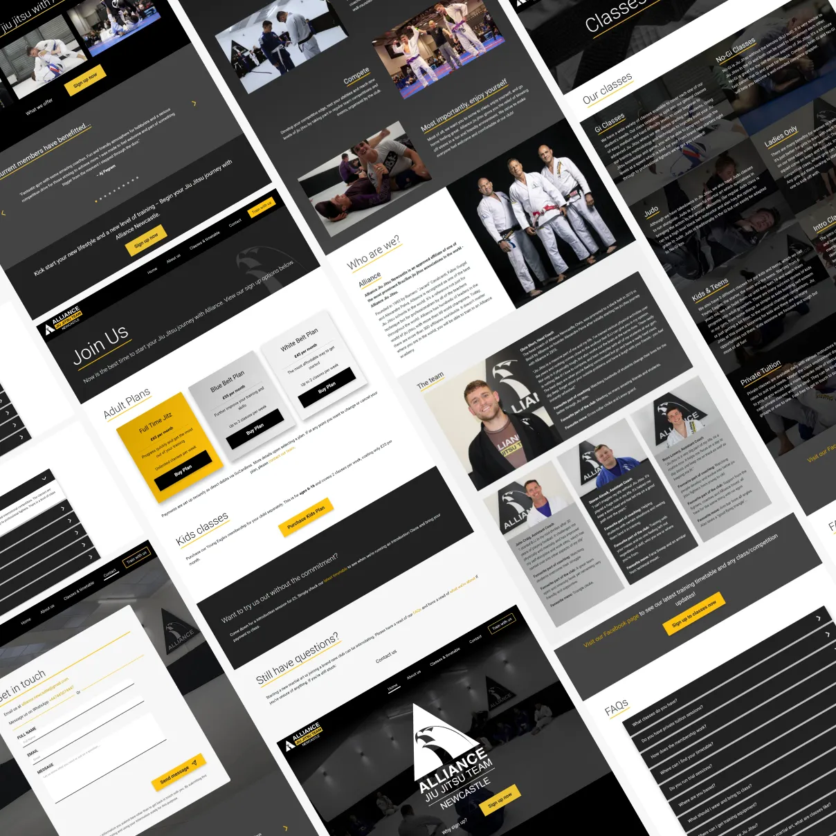 A set of website mockups for the Alliance Jiu Jitsu Newcastle website, showing the homepage, the classes page, sign up page, the contact page and more. Designs are by Lumin web design, development & strategy.